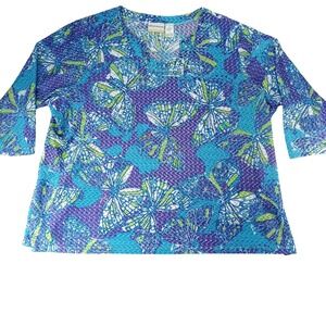 NWT-Alfred Dunner Woman 3X Butterfly Print  V neck Top Blue Purple Green